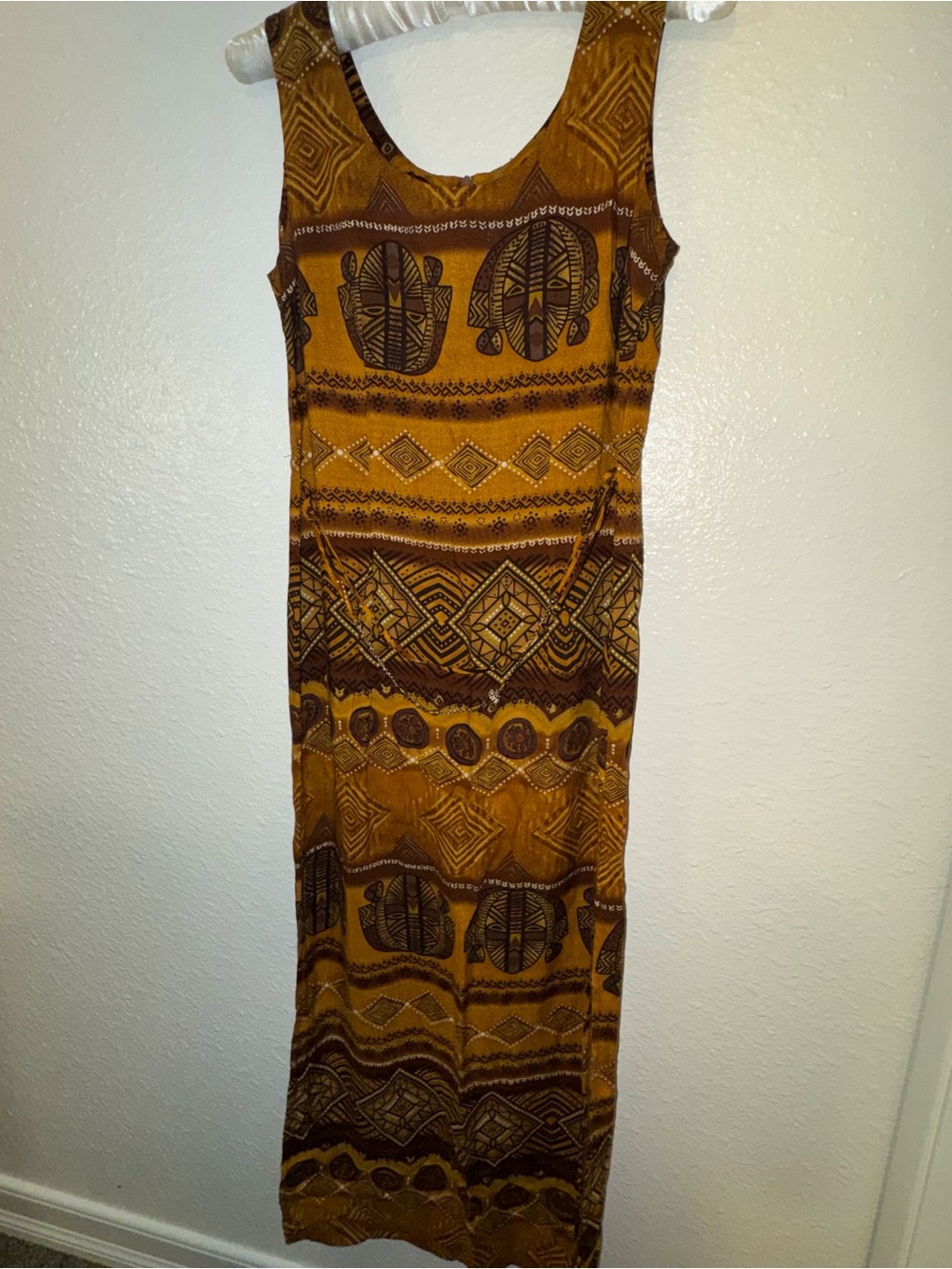 Vintage 90s Scarlett Brown Mustard Tribal Print Maxi Dress 5/6